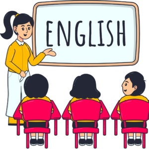 Illustration of a teacher explaining an English lesson to students in a classroom, representing language learning and communication skill improvement.